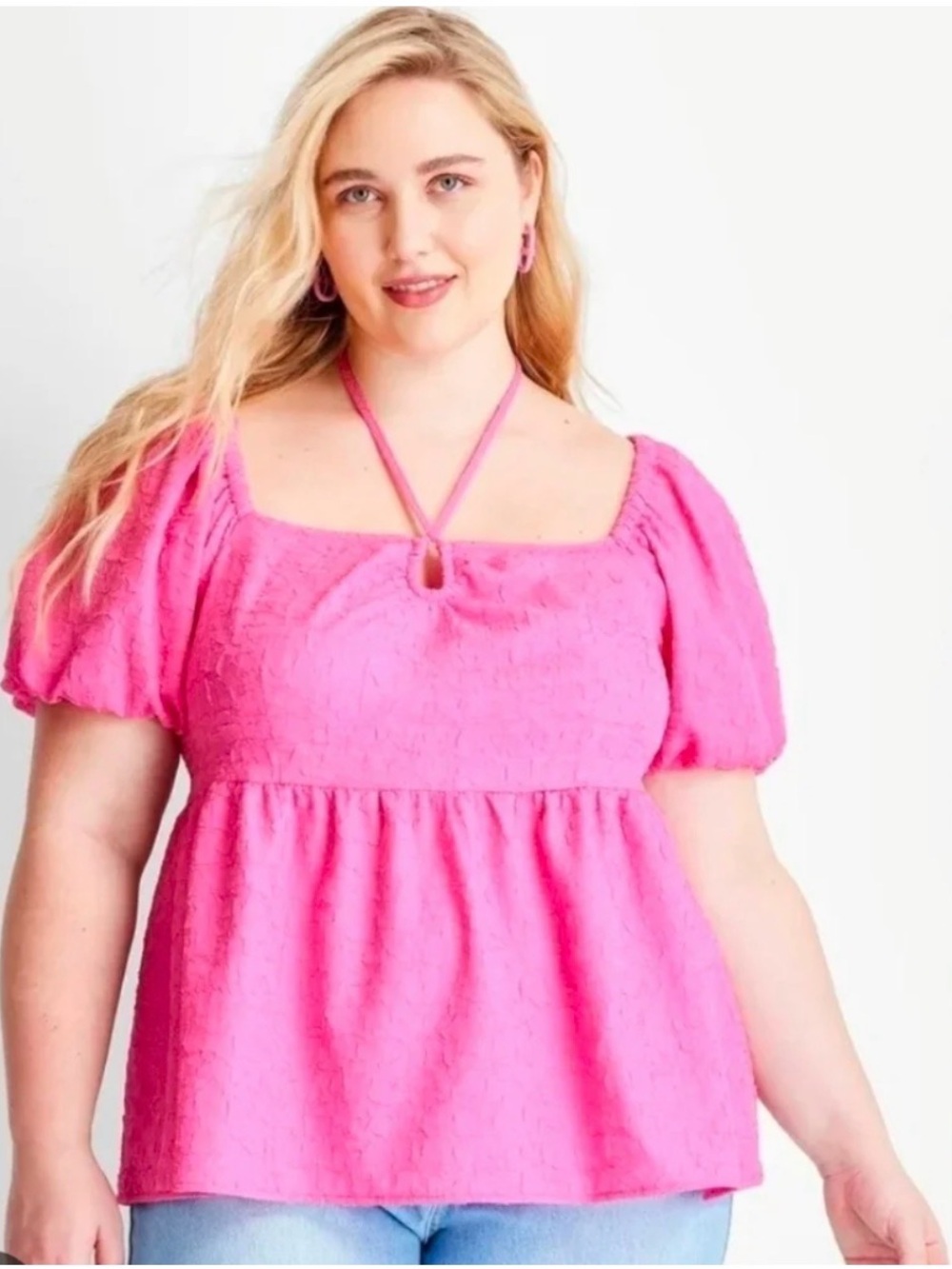 Future Collective Pink Puff Sleeve Square Neck Top size large